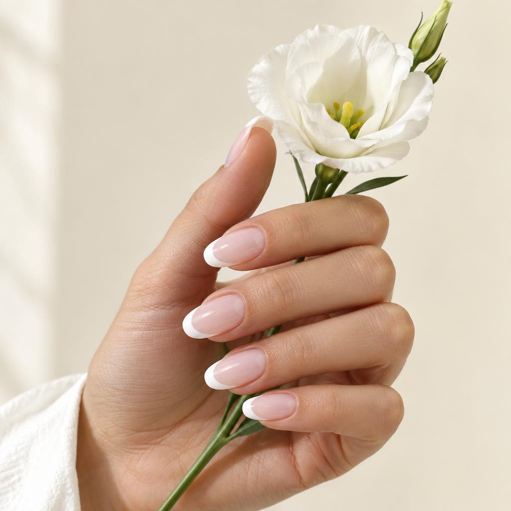 Classic French manicure holding a white flower